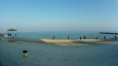 Karadeniz kıyısı. Kış mevsiminde Odessa plajı. İnsanlar suyun kenarında duruyor ve üzerlerinde martılar uçuşuyor..