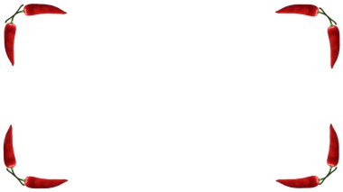 Köşelerde bulunan kırmızı biberli yemek tabakları için beyaz arkaplanda fotoğraf çerçevesi..