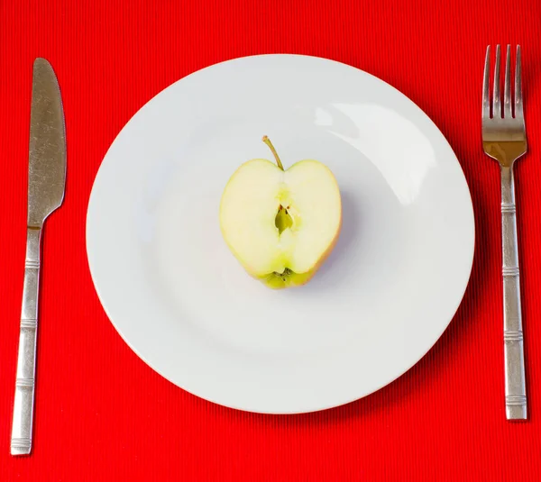 Apple Sliced Half White Plate Cutlery Either Side Red Textured — Stock Photo, Image