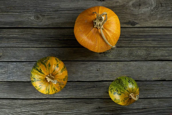 Three Pumpkins Background Old Wooden Boards Flat Lay Photo — Stock Photo, Image