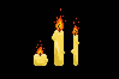 Üç yanan mum, pikselle boyanmış, siyah bir arka planda..