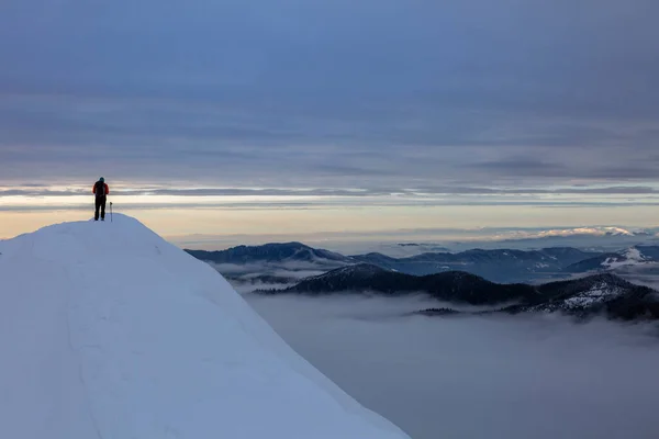 Turista Vrcholu Zasněžené Hory Sunsetu Alpský Zimní Výhled Karpaty Marmarosy — Stock fotografie