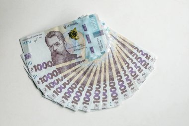 Beyaz arka planda Ukrayna para birimi. Bin tane Hryvnia düzinesi banknot. Ukrayna parası. Banknotlar