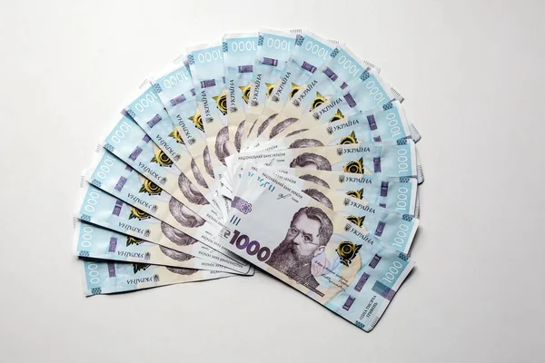 Moneda Ucraniana Sobre Fondo Blanco Mil Billetes Mil Hryvnia Docenas — Foto de Stock