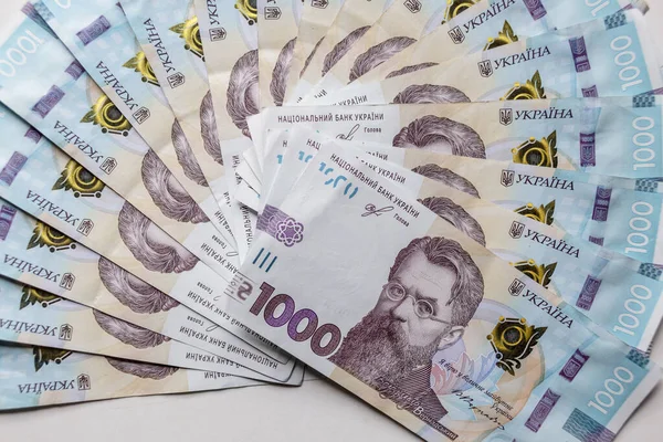 Beyaz arka planda Ukrayna parası Hryvnya. Ulusal para birimi banknotları. Finans geçmişini kapat.