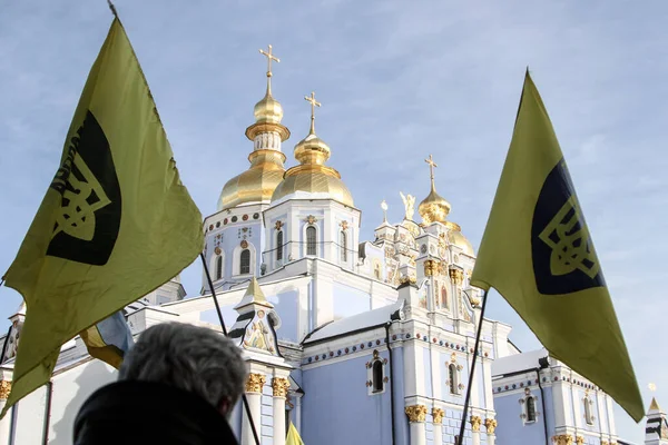 KYIV, UKRAINE - 26 Ocak 2014: protestolar, Haysiyet Devrimi, özgürlük mücadelesi sırasında Ukrayna milliyetçi bayraklı insanlar sokaklara döküldü