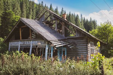 Karpat Dağları, Burkut, Ukrayna 'da yeşil ormanlarla çevrili terk edilmiş eski ahşap köy evi.