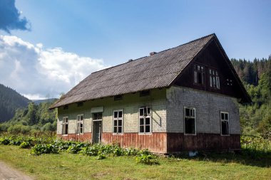 Karpat Dağları, Burkut, Ukrayna 'da yeşil ormanlarla çevrili eski terk edilmiş bir Polonya evi.