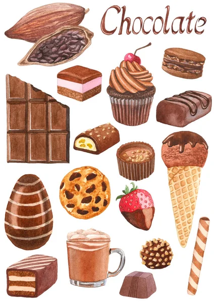 Ręcznie rysowany zestaw barwnych czekoladowych deserów i cukierków. — Zdjęcie stockowe