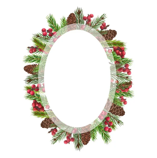 Aquarel Kerst frame met rode bessen, sparren takken, kegels en plaats voor tekst. — Stockfoto