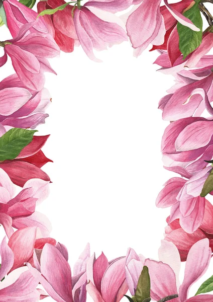 Bitkiler ve yapraklarla suluboya Manolya çerçevesi.