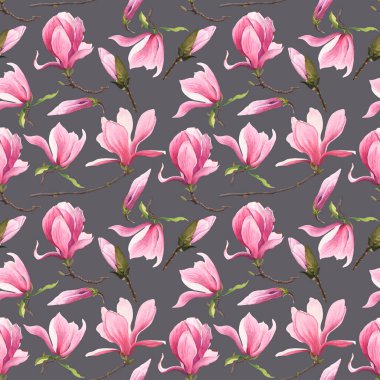 Manolya çiçekli, dikişsiz çiçek deseni. Gri arkaplanda suluboya elementler.