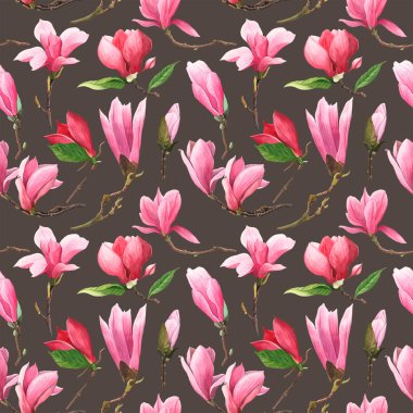 Kahverengi arka planda pembe manolyalı desen. Suluboya çizimi.