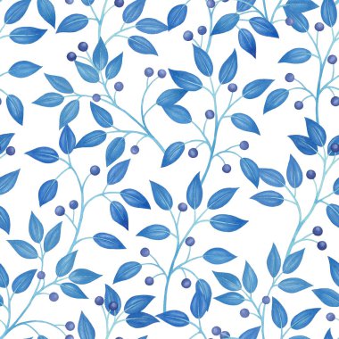 Mavi yapraklar ve böğürtlenlerden oluşan botanik desen. Suluboya çizimi.