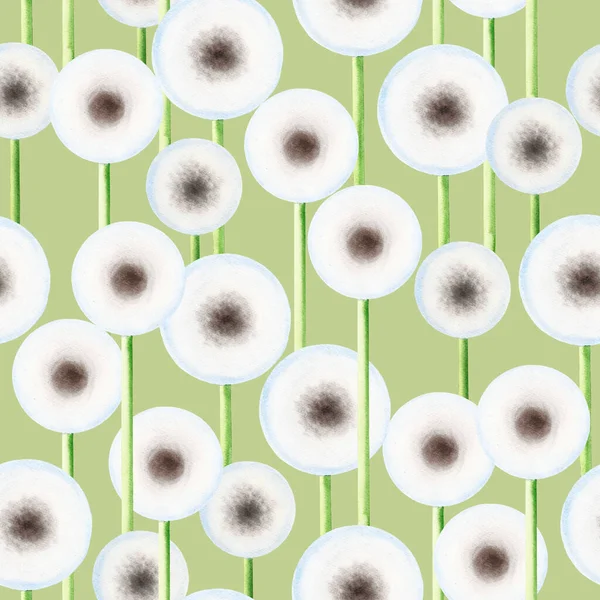 Seamless pattern with dandelions. Watercolor elements on a green background.