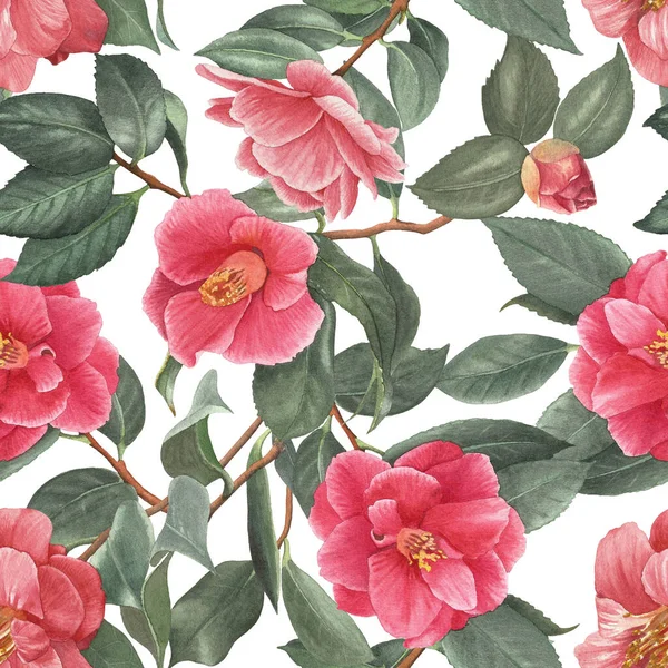 Florales nahtloses Muster, rote Kamelienblüten mit Blättern. — Stockfoto