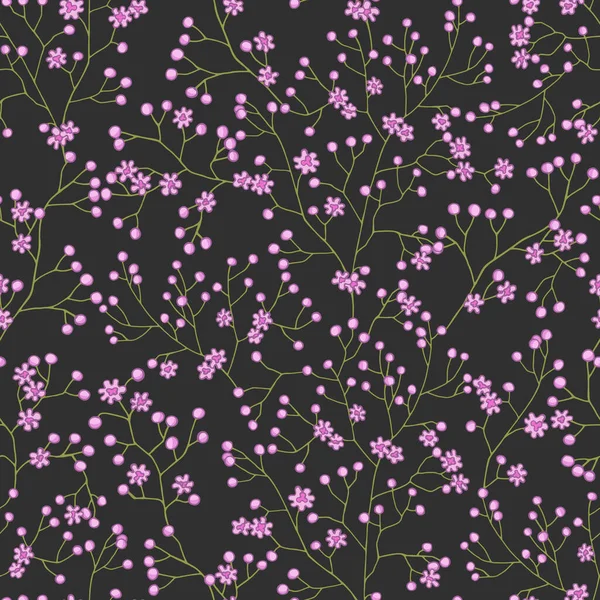 Płynny wzór z różowymi pączkami i kwiatami na ciemnoszarym tle. Kwiaty dzikie. — Wektor stockowy