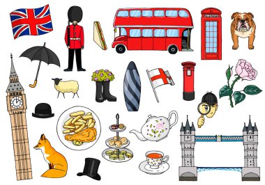 İngiltere sembolleri dizildi. İngiltere ve Londra turistik yerleri, ulusal semboller ve gıda illüstrasyonları.