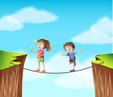 Erkek ve kız ipi, uçurumun üzerinde
