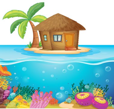 Hut on the island in the middle of the ocean clipart