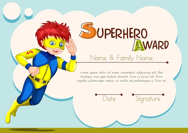 Superhero award template with character in background — Stock Vector