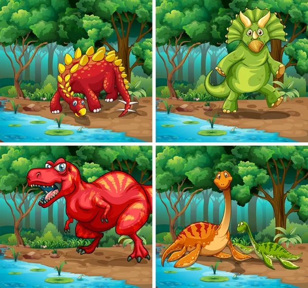 Cuatro escenas de dinosaurios en el parque — Archivo Imágenes Vectoriales