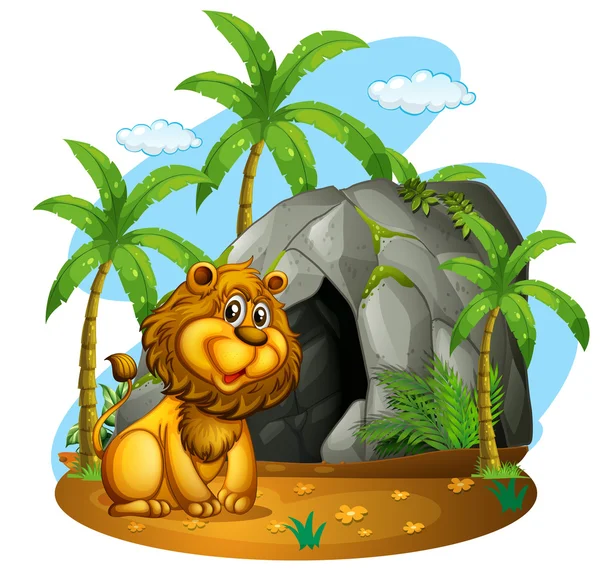 Lion sits in front of cave — Stock Vector