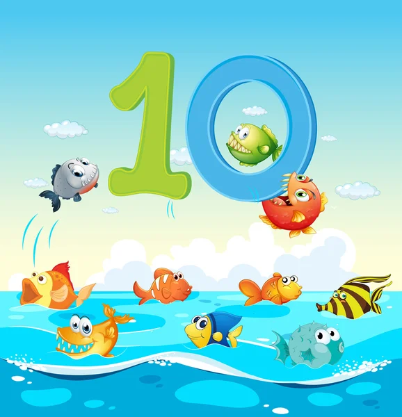 Number ten 10 balık Okyanusu ile — Stok Vektör