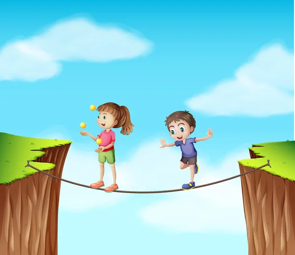 Boy and girl on the rope at the cliff — Stock Vector