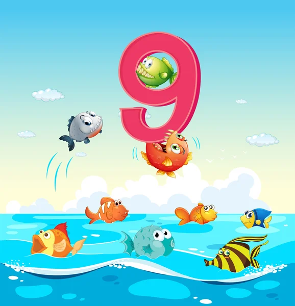 Numéro neuf avec 9 poissons dans l'océan — Image vectorielle
