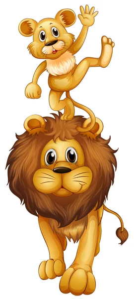 Pequeno filhote de pé na cabeça do leão —  Vetores de Stock