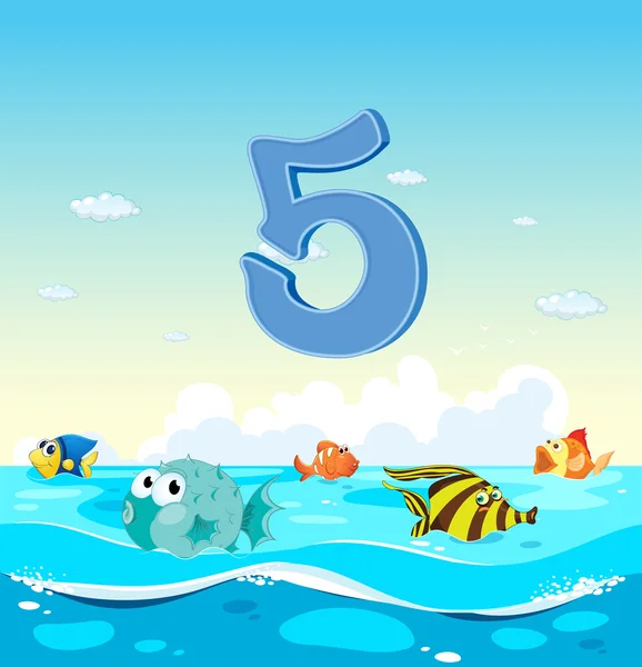 Numer 5 z 5 ryb w Oceanie — Wektor stockowy