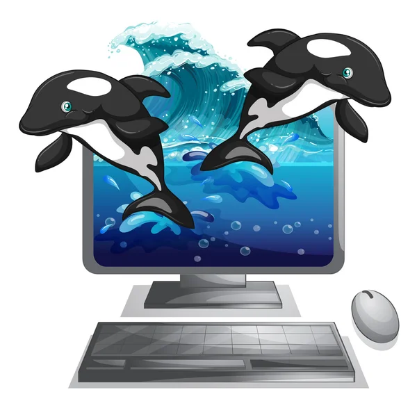 Dos delfines saltando de la pantalla de la computadora — Archivo Imágenes Vectoriales
