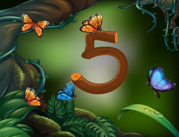 Número cinco con 5 mariposas en el jardín — Vector de stock