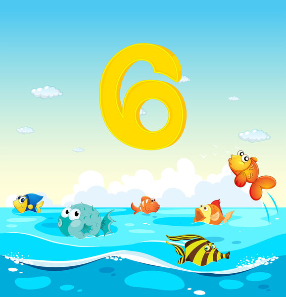 Number six with 6 fish in the ocean