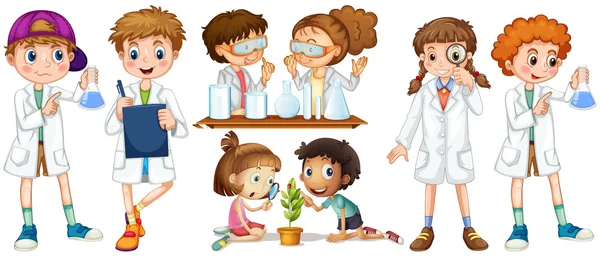 Niños y niñas en vestido de ciencia — Vector de stock