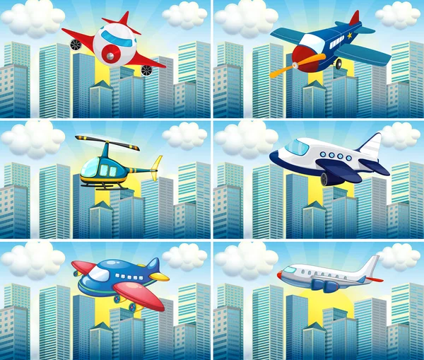 Helikopter i samoloty lecące w mieście — Wektor stockowy