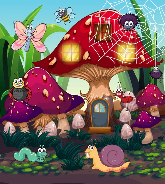 Insects and mushroom house in the garden — Stock Vector