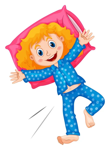 Meisje in blauwe polka stippen pyjama 's — Stockvector