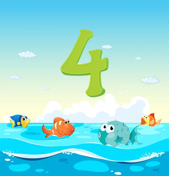 Number four with 4 fish in the ocean — Stock Vector