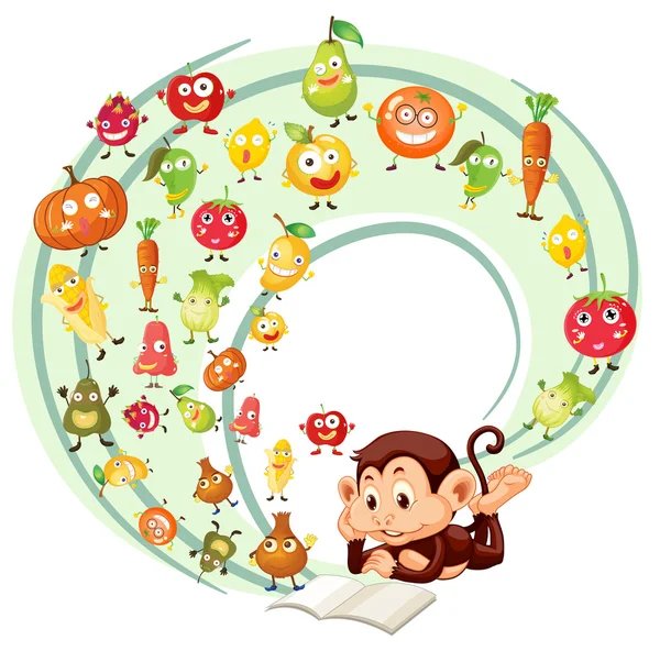 Monkey reading book of fruits and veggies — Stock Vector