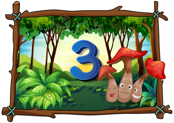 Número tres con 3 hongos en el bosque — Vector de stock