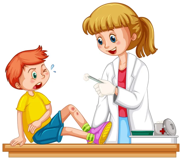 Doctor cleanin up the wound of boy — Stock Vector