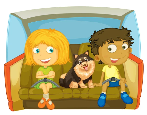 Children and dog sitting in the car — Stock Vector
