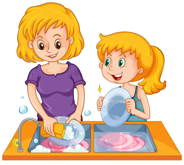 Chica ayudando a mamá a lavar los platos — Vector de stock