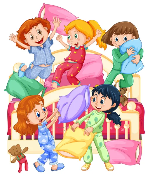 枕をやってる女の子がパジャマ パーティーで戦う — ストックベクタ