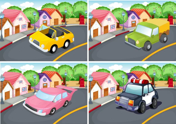 Four scenes of neighborhood with car on the road — Stock Vector