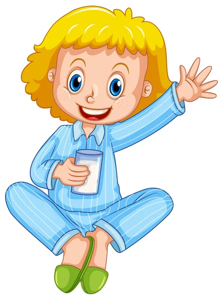 Meisje in blauwe pyjama consumptiemelk — Stockvector