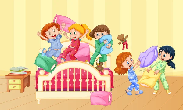 Dziewczyn gry poduszkę walki slumber party — Wektor stockowy