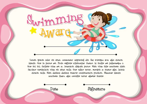 Šablona certifikátu s holkou, plavání — Stockový vektor